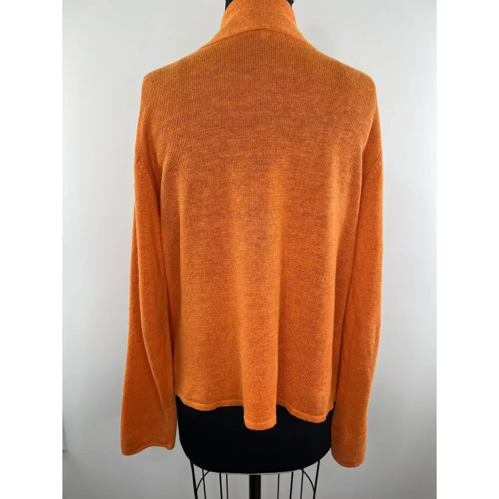 Eileen Fisher Orange Linen Knit Open Front Long Sleeve Cardigan Sweater Large L